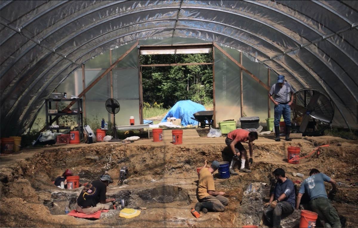 Missouri-Ozark Dinosaur Project - Excavation with Field Museum crew under roof in greenhouse (2018)